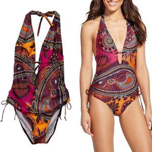 Cleanwater Paisley Plunge One Piece Swimsuit Size XL Boho Monokini Open Back
